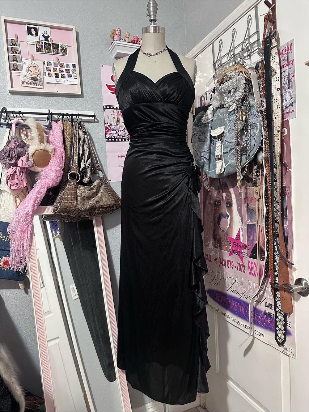 90s/y2k Dancing Queen Black Satin Halter Ruched Ruffle Maxi Dress Womens Size XS